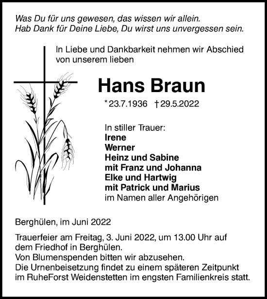 Traueranzeige von Hans Braun von SÜDWEST PRESSE Ausgabe Ulm/Neu-Ulm