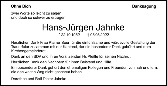 Traueranzeige von Hans-Jürgen Jahnke von SÜDWEST PRESSE Ausgabe Ulm/Neu-Ulm