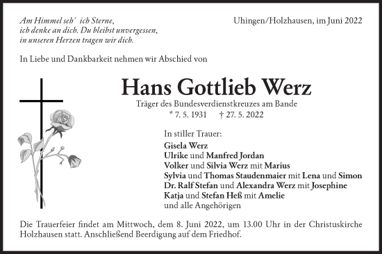 Traueranzeige von Hans Gottlieb Werz von NWZ Neue Württembergische Zeitung