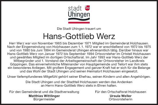 Traueranzeige von Hans Gottlieb Werz von NWZ Neue Württembergische Zeitung