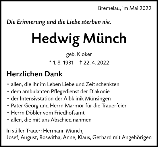 Traueranzeige von Hedwig Münch von Alb-Bote/Metzinger-Uracher Volksblatt