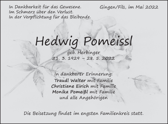 Traueranzeige von Hedwig Pomeissl von Geislinger Zeitung