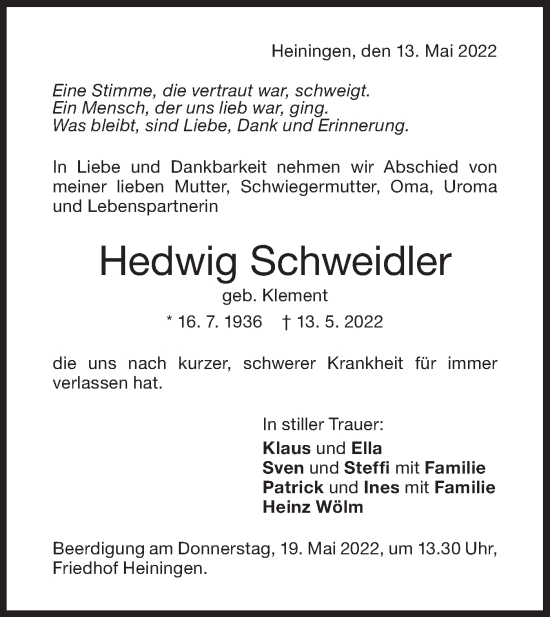 Traueranzeige von Hedwig Schweidler von NWZ Neue Württembergische Zeitung