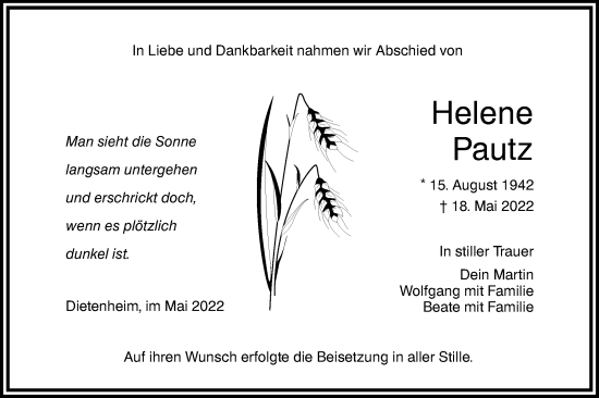 Traueranzeige von Helene Pautz von Illertal Bote