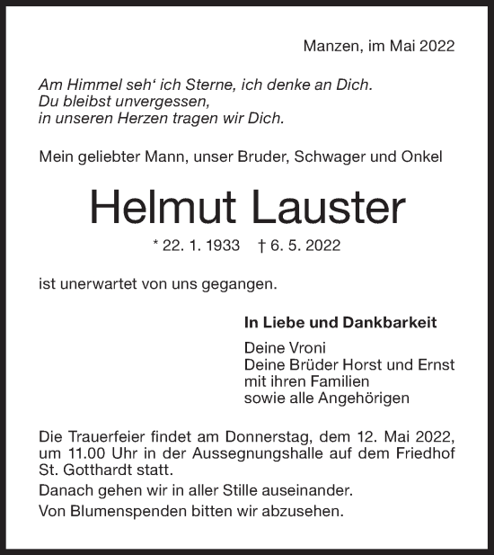 Traueranzeige von Helmut Lauster von NWZ Neue Württembergische Zeitung