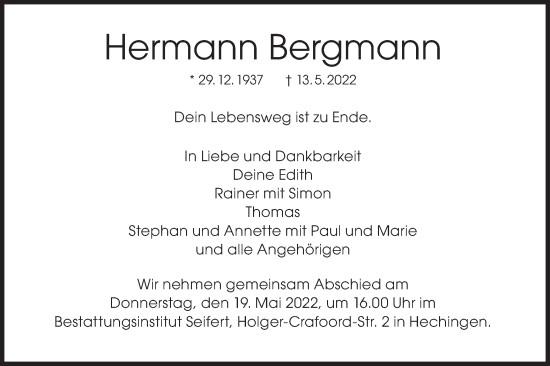 Traueranzeige von Hermann Bergmann von Metzinger-Uracher Volksblatt