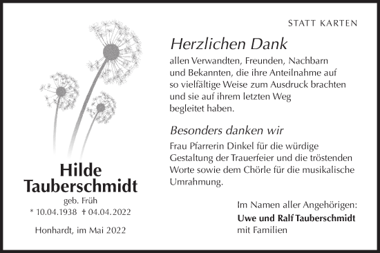 Traueranzeige von Hilde Tauberschmidt von Hohenloher Tagblatt