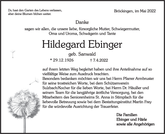 Traueranzeige von Hildegard Ebinger von Rundschau Gaildorf