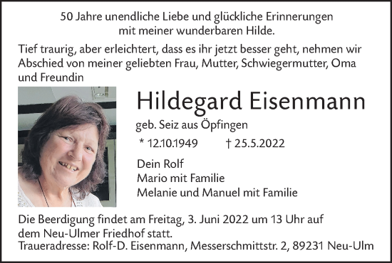 Traueranzeige von Hildegard Eisenmann von SÜDWEST PRESSE Ausgabe Ulm/Neu-Ulm