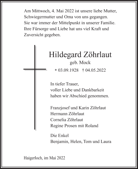 Traueranzeige von Hildegard Zöhrlaut von Metzinger-Uracher Volksblatt