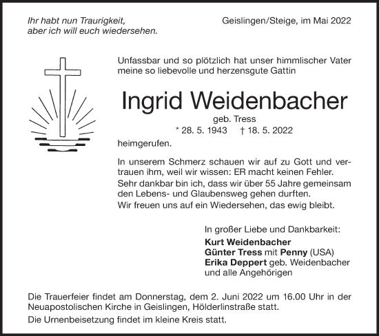 Traueranzeige von Ingrid Weidenbacher von Geislinger Zeitung