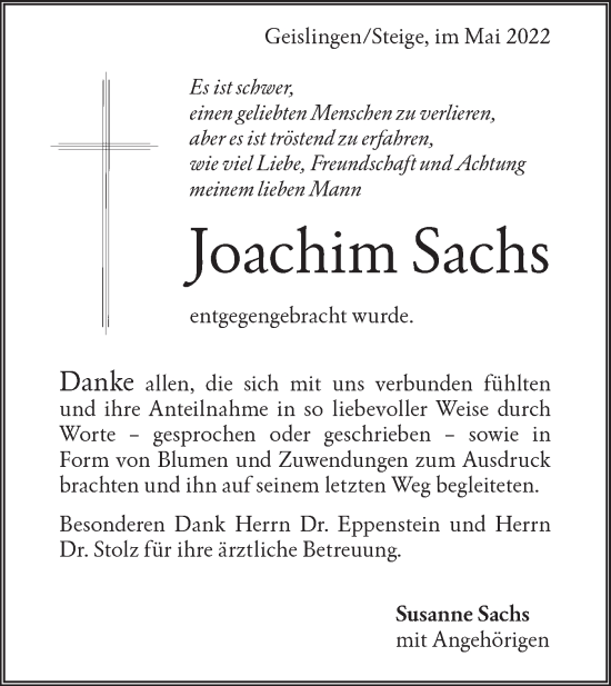 Traueranzeige von Joachim Sachs von Geislinger Zeitung