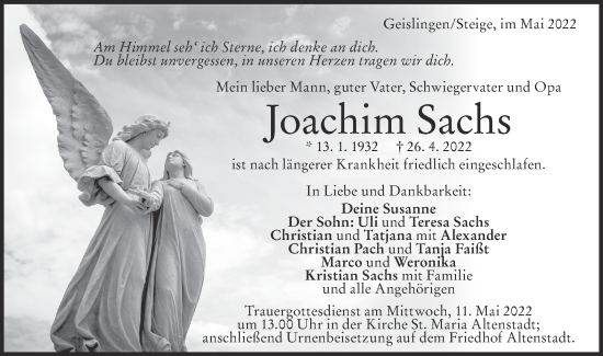 Traueranzeige von Joachim Sachs von Geislinger Zeitung