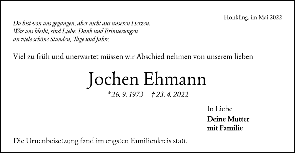  Traueranzeige für Jochen Ehmann vom 21.05.2022 aus Rundschau Gaildorf