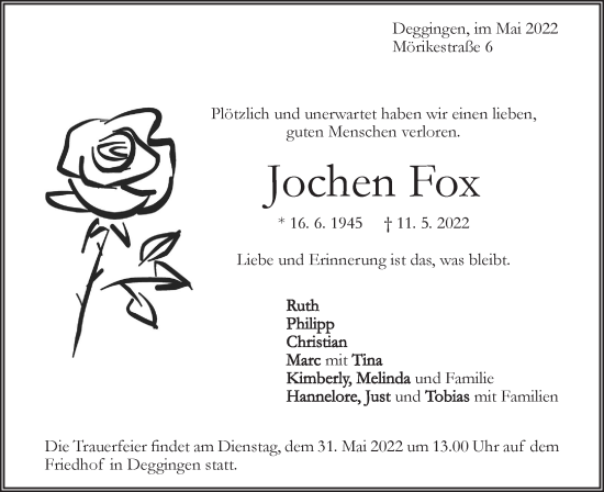 Traueranzeige von Jochen Fox von Geislinger Zeitung