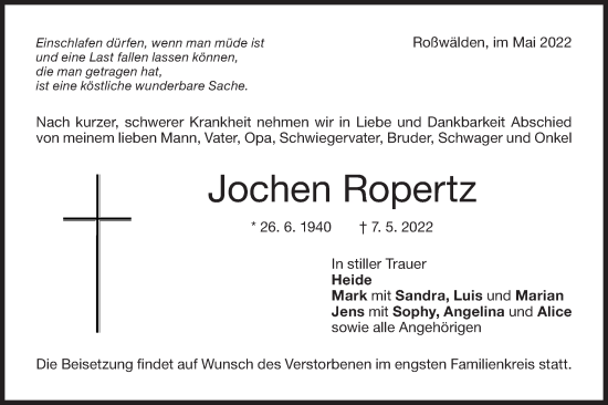 Traueranzeige von Jochen Ropertz von NWZ Neue Württembergische Zeitung