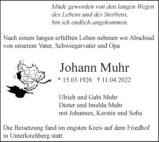 Traueranzeige von Johann Muhr von SÜDWEST PRESSE Ausgabe Ulm/Neu-Ulm