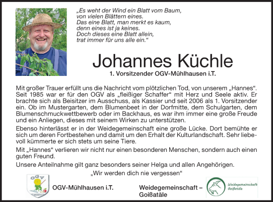 Traueranzeige von Johannes Küchle von Geislinger Zeitung