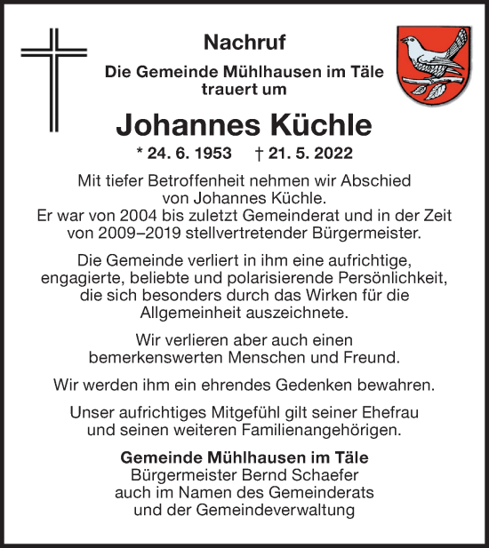 Traueranzeige von Johannes Küchle von NWZ Neue Württembergische Zeitung/Geislinger Zeitung