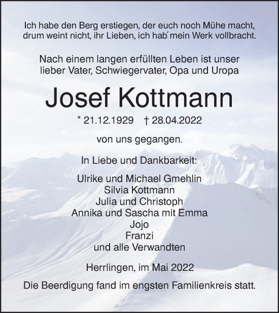 Traueranzeige von Josef Kottmann von SÜDWEST PRESSE Ausgabe Ulm/Neu-Ulm