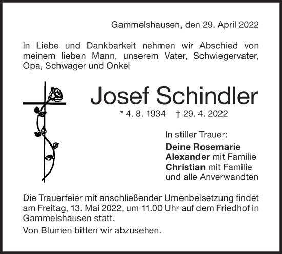 Traueranzeige von Josef Schindler von NWZ Neue Württembergische Zeitung