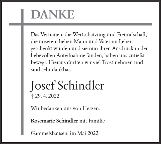 Traueranzeige von Josef Schindler von NWZ Neue Württembergische Zeitung