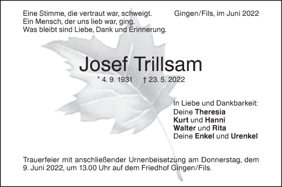 Traueranzeige von Josef Trillsam von Geislinger Zeitung