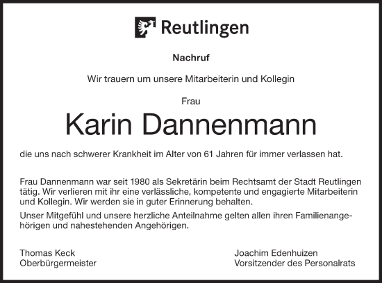 Traueranzeige von Karin Dannemann von Metzinger-Uracher Volksblatt