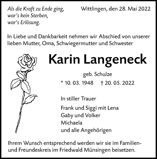 Traueranzeige von Karin Langeneck von Alb-Bote/Metzinger-Uracher Volksblatt