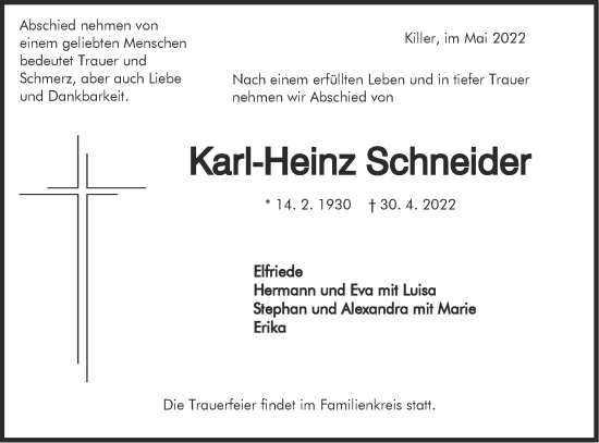 Traueranzeige von Karl-Heinz Schneider von Metzinger-Uracher Volksblatt