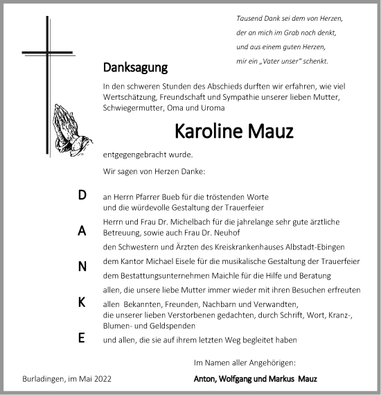 Traueranzeige von Karoline Mauz von Metzinger-Uracher Volksblatt