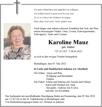 Traueranzeige von Karoline Mauz von Metzinger-Uracher Volksblatt