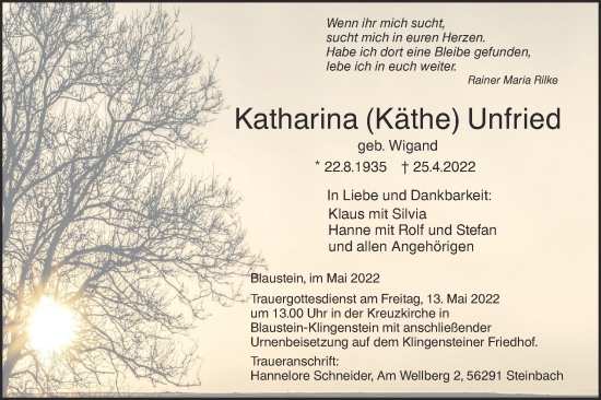 Traueranzeige von Katharina Unfried von SÜDWEST PRESSE Ausgabe Ulm/Neu-Ulm