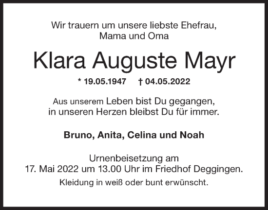 Traueranzeige von Klara Auguste Mayr von NWZ Neue Württembergische Zeitung