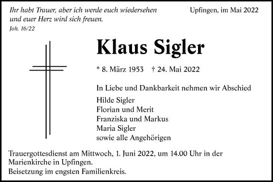 Traueranzeige von Klaus Sigler von Alb-Bote/Metzinger-Uracher Volksblatt