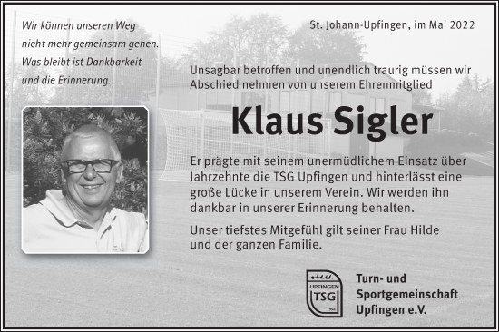 Traueranzeige von Klaus Sigler von Metzinger-Uracher Volksblatt