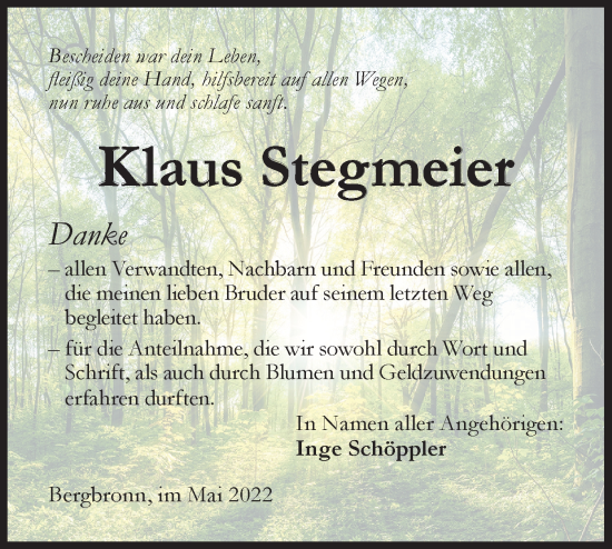 Traueranzeige von Klaus Stegmeier von Hohenloher Tagblatt