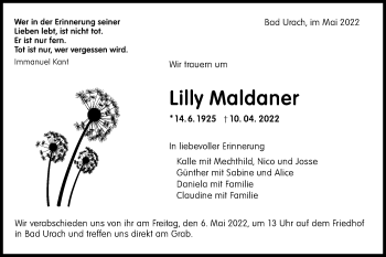 Traueranzeige von Lilly Maldaner von Metzinger-Uracher Volksblatt