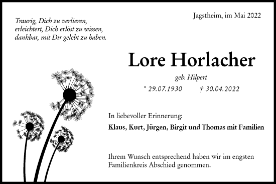 Traueranzeige von Lore Horlacher von Hohenloher Tagblatt