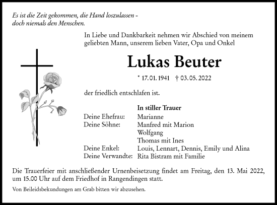 Traueranzeige von Lukas Beuter von Metzinger-Uracher Volksblatt