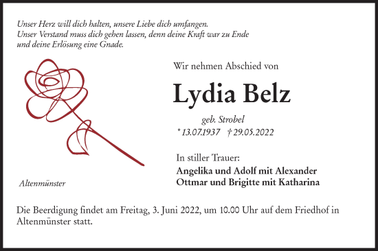 Traueranzeige von Lydia Belz von Hohenloher Tagblatt