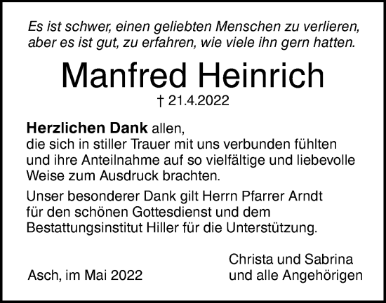 Traueranzeige von Manfred Heinrich von SÜDWEST PRESSE Ausgabe Ulm/Neu-Ulm