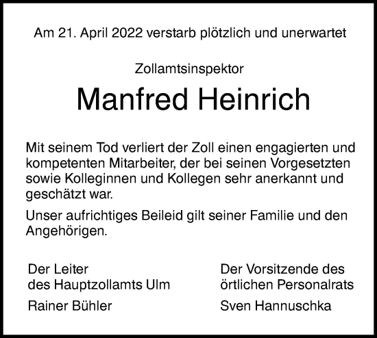 Traueranzeige von Manfred Heinrich von SÜDWEST PRESSE Ausgabe Ulm/Neu-Ulm