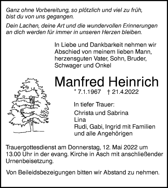 Traueranzeige von Manfred Heinrich von SÜDWEST PRESSE Ausgabe Ulm/Neu-Ulm