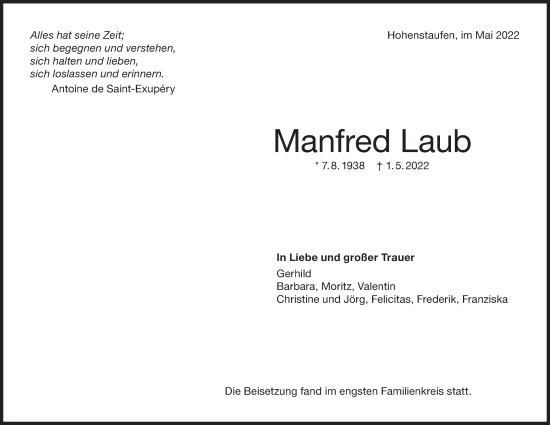 Traueranzeige von Manfred Laub von NWZ Neue Württembergische Zeitung