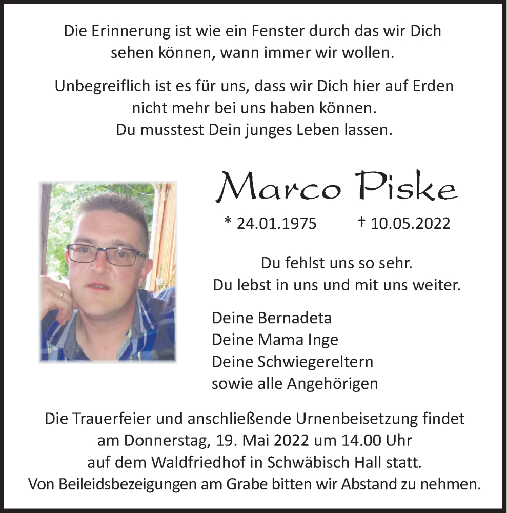  Traueranzeige für Marco Piske vom 14.05.2022 aus Haller Tagblatt