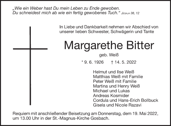 Traueranzeige von Margarethe Bitter von Geislinger Zeitung