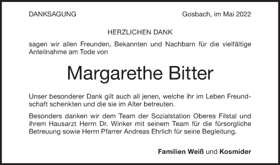 Traueranzeige von Margarethe Bitter von Geislinger Zeitung