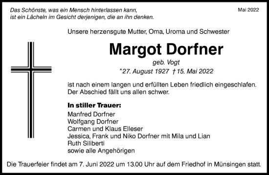 Traueranzeige von Margot Dorfner von Alb-Bote/Metzinger-Uracher Volksblatt