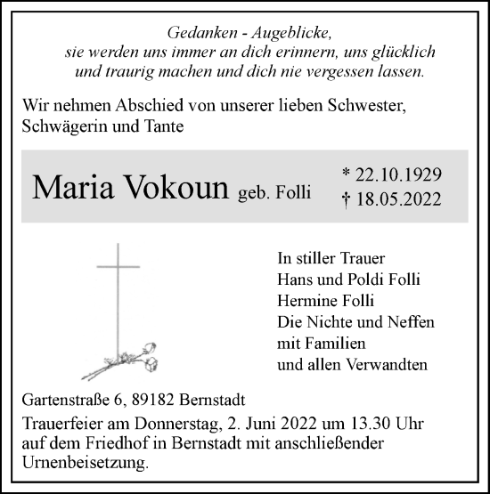 Traueranzeige von Maria Vokoun von SÜDWEST PRESSE Ausgabe Ulm/Neu-Ulm